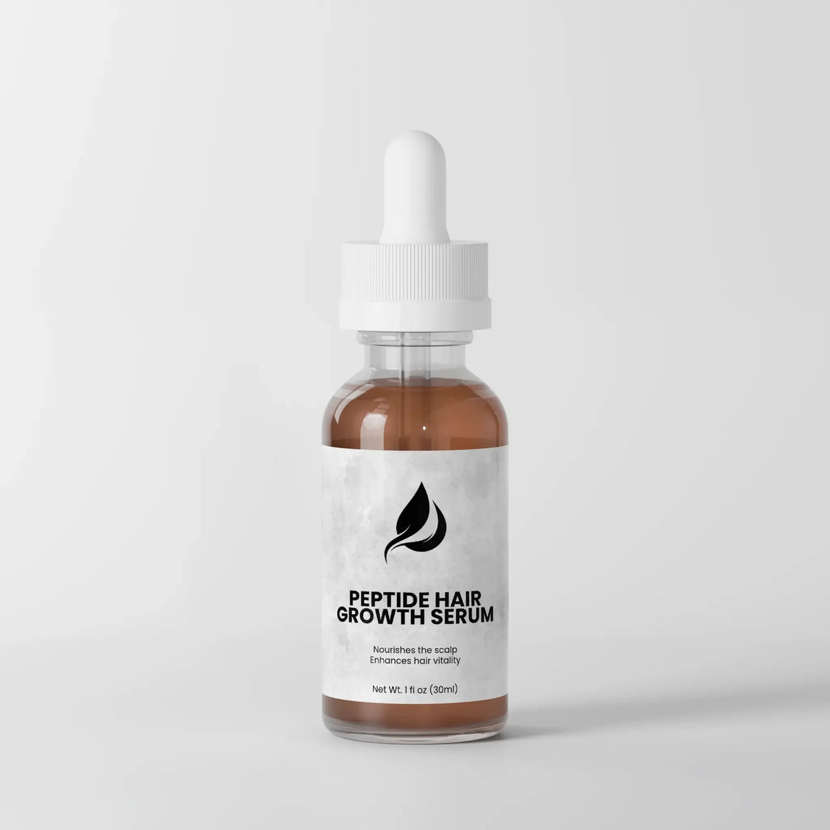Peptide hair growth serum in glass dropper bottle, nourishes scalp for thicker-looking hair
