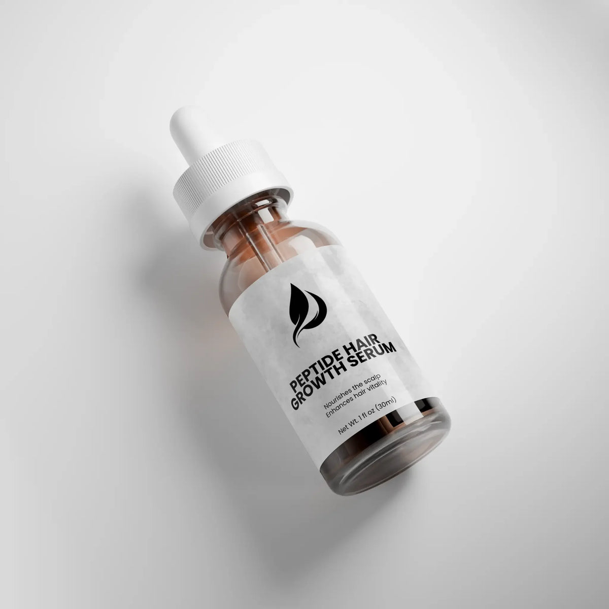 Peptide hair growth serum in dropper bottle, nourishes scalp for thicker-looking hair