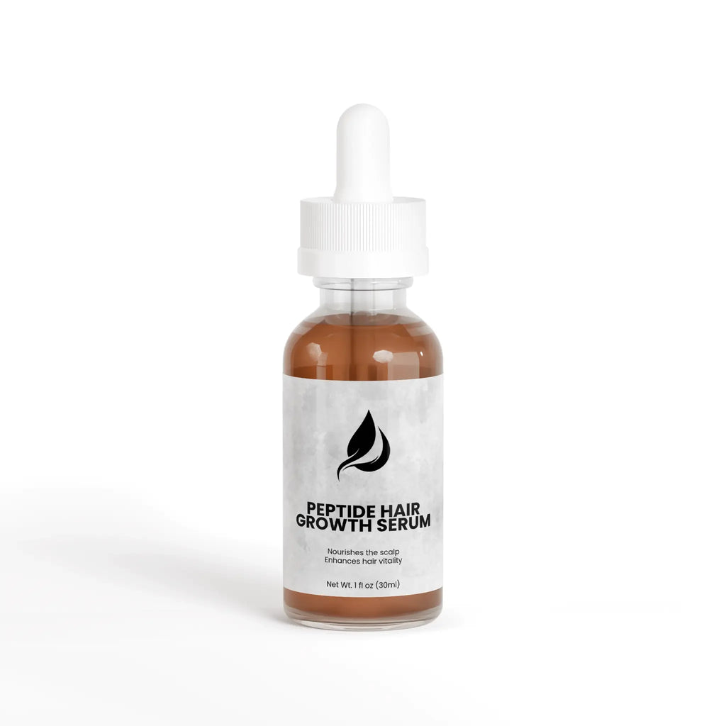 Peptide hair growth serum in glass bottle with dropper, nourishes scalp for thicker-looking hair