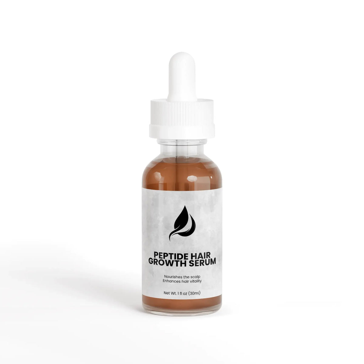 Peptide hair growth serum in glass bottle with dropper, nourishes scalp for thicker-looking hair