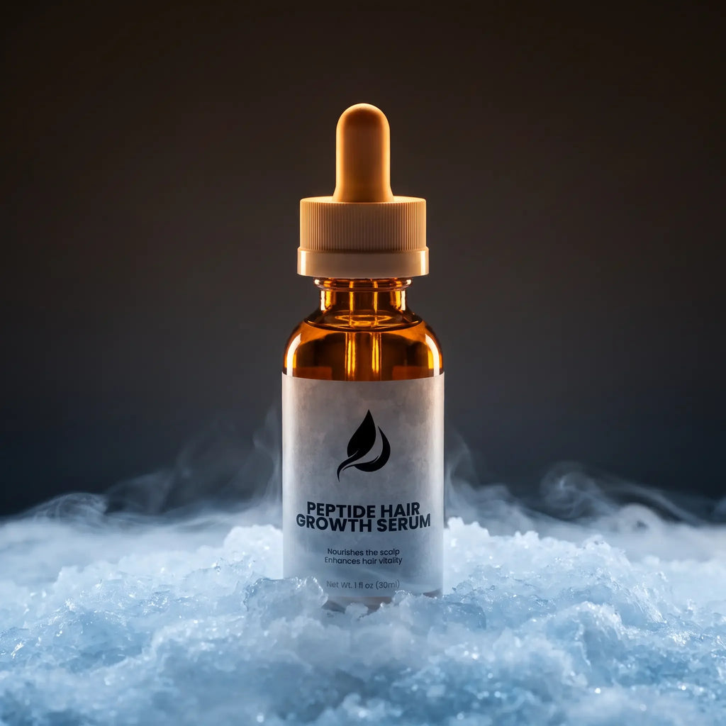 Peptide hair growth serum in amber bottle with dropper, nestled in ice for scalp nourishment and hair vitality
