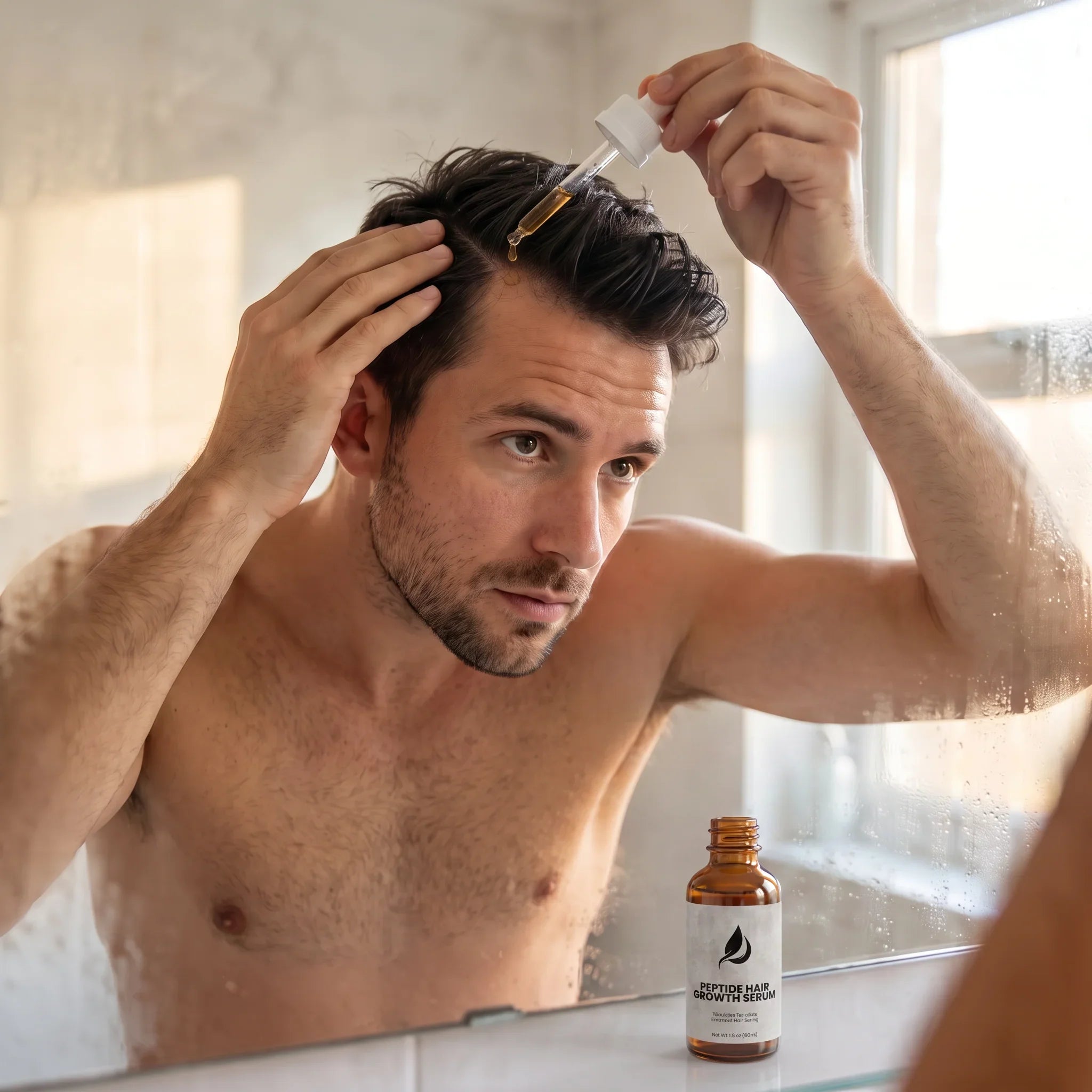 Man applying peptide hair growth serum to scalp in bathroom mirror, promoting thicker-looking hair Image