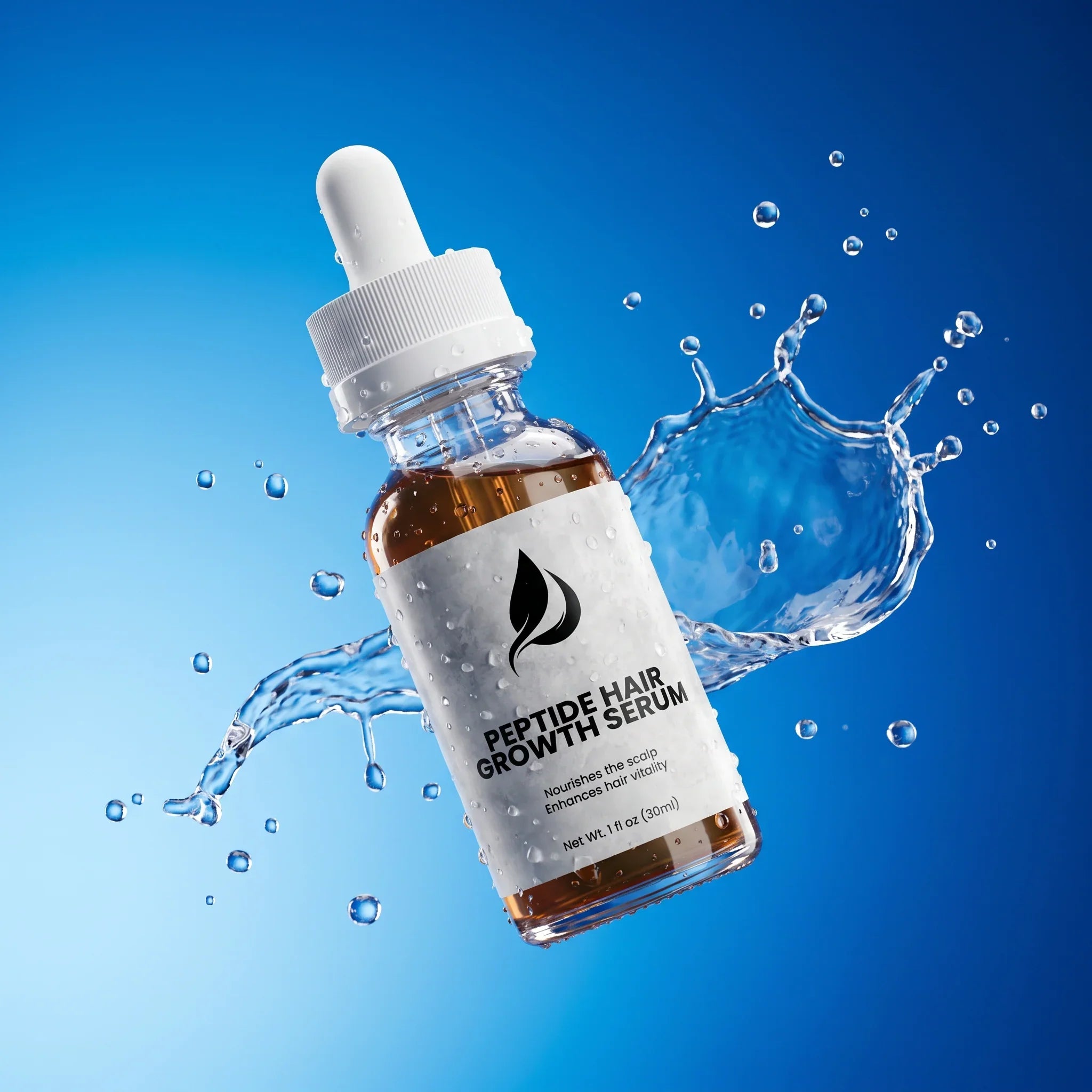 Peptide hair growth serum bottle with water splash, nourishes scalp for thicker hair Image