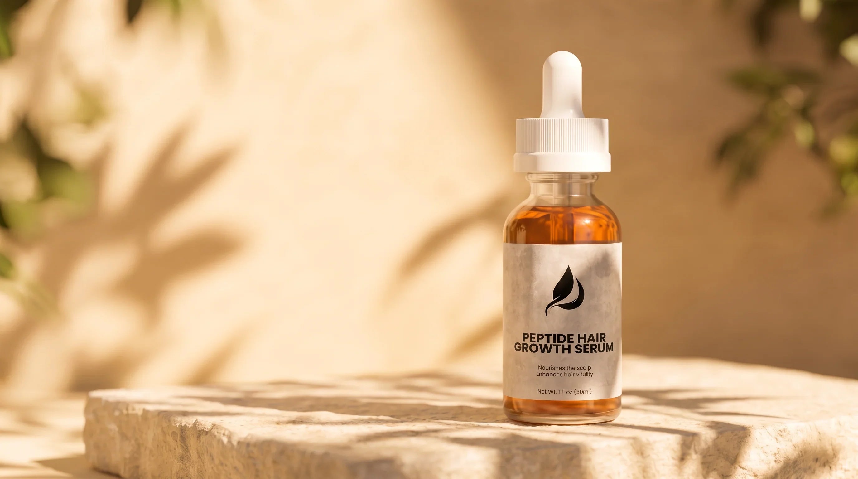 Peptide hair growth serum in glass dropper bottle, nourishes scalp for thicker-looking hair, natural light setting