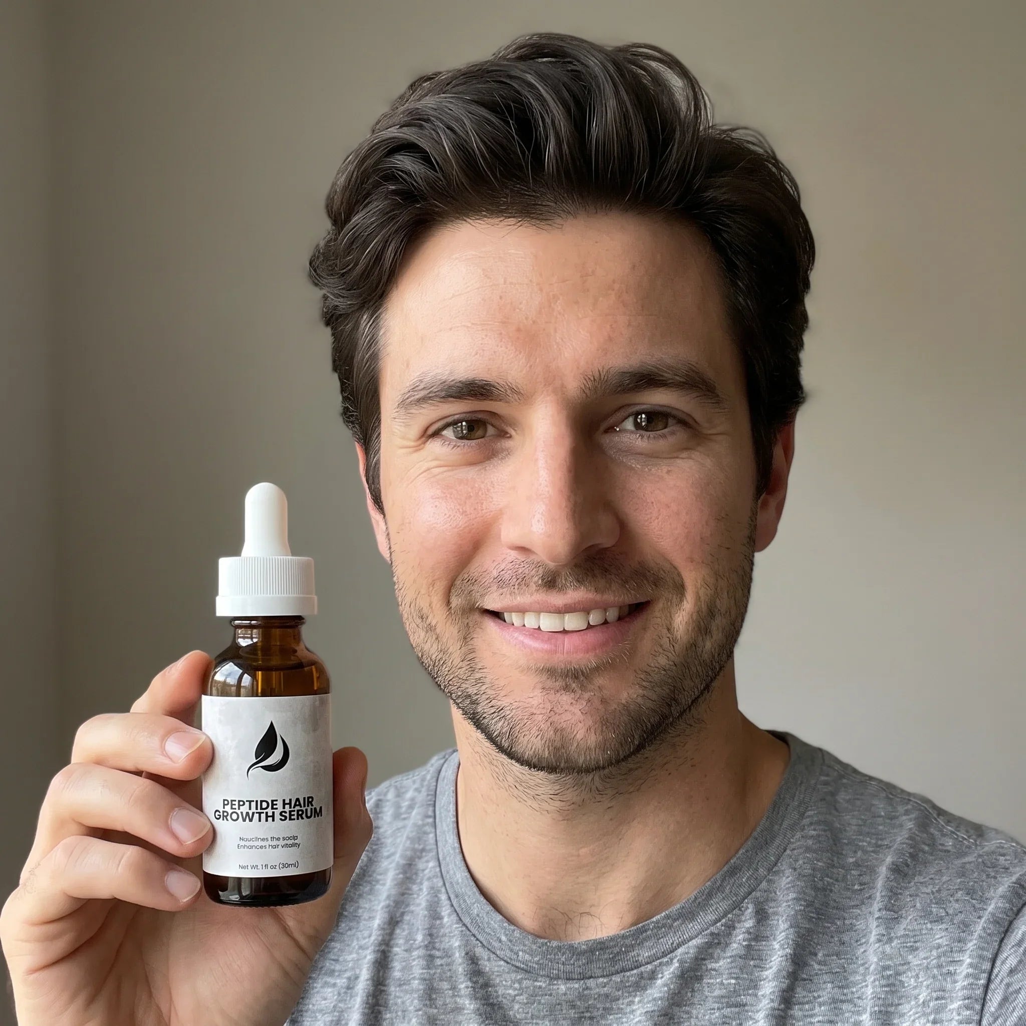 Man holding peptide hair growth serum for fuller, thicker-looking hair