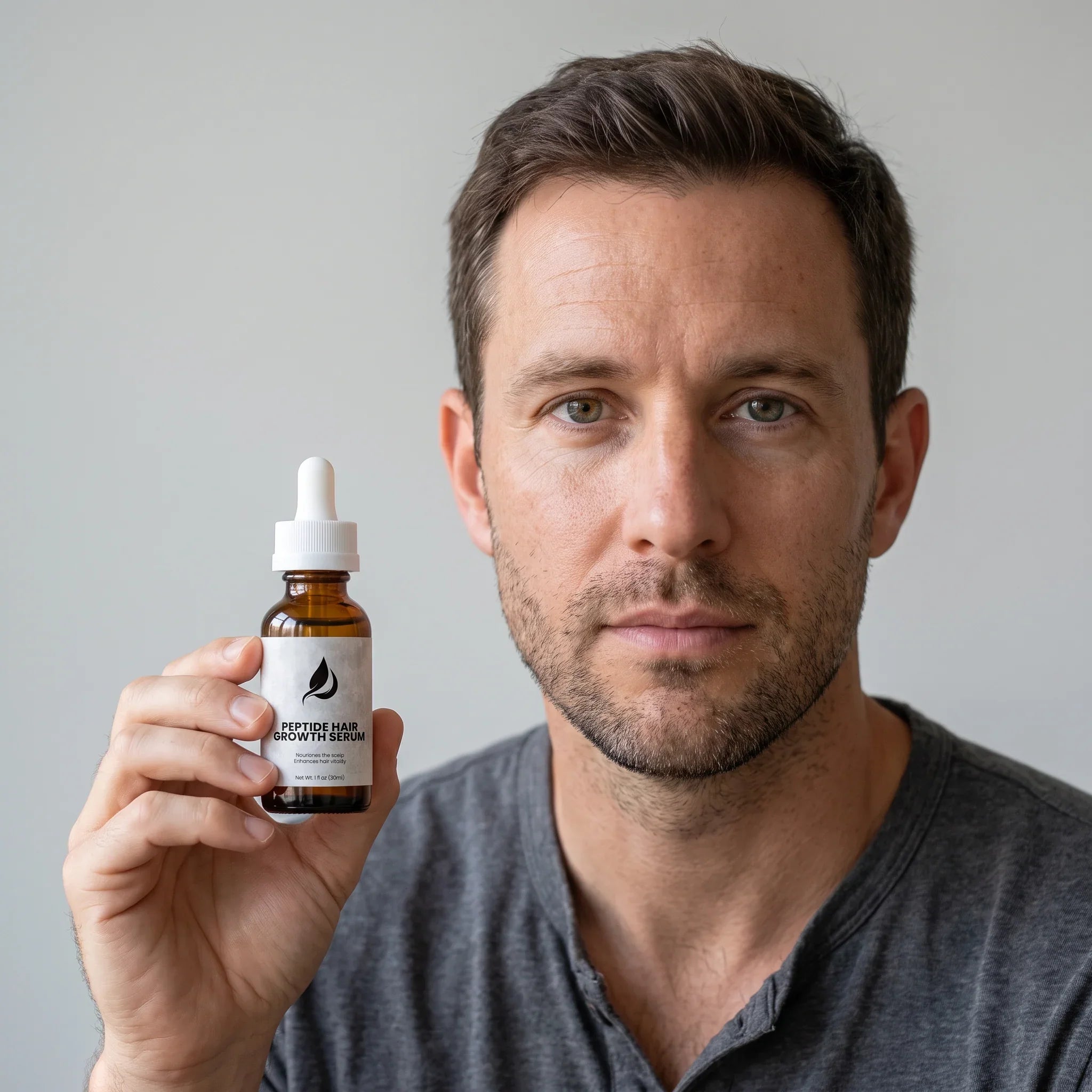 Man holding peptide hair growth serum for thicker, fuller-looking hair