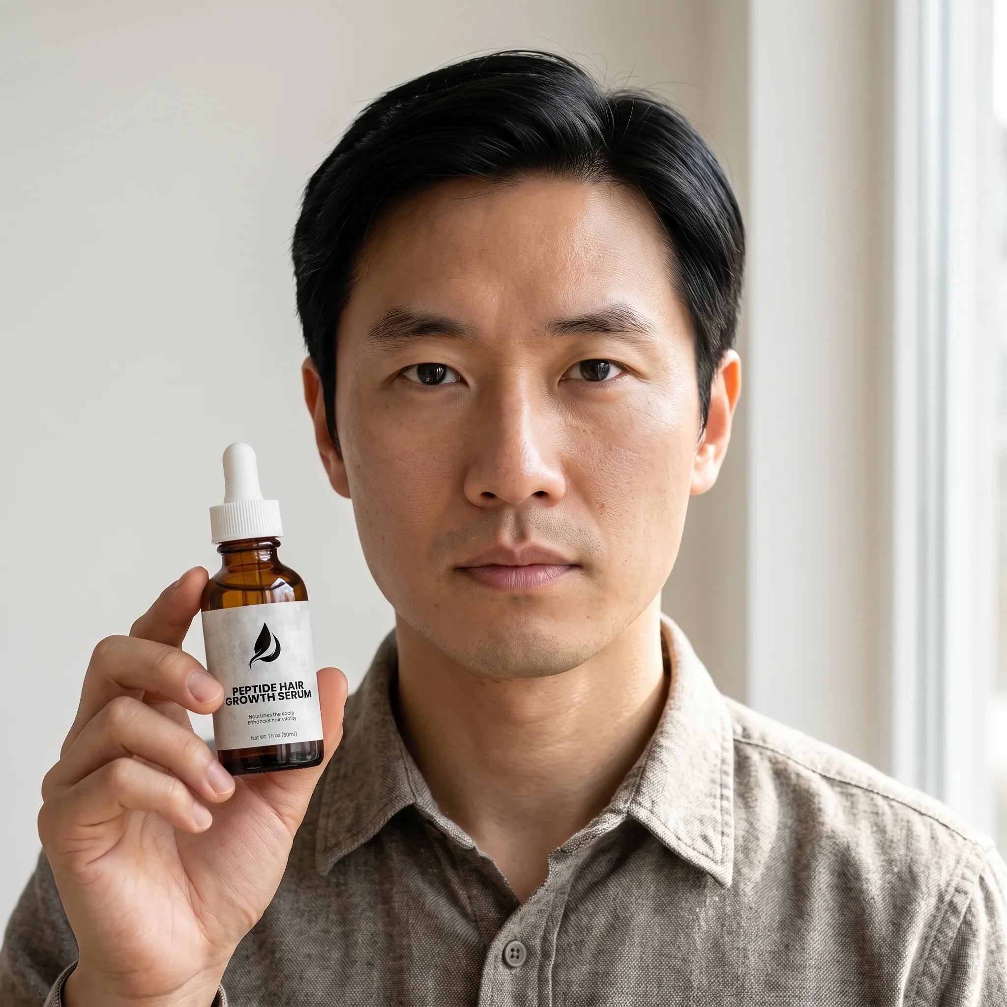 Man holding peptide hair growth serum for thicker, fuller-looking hair