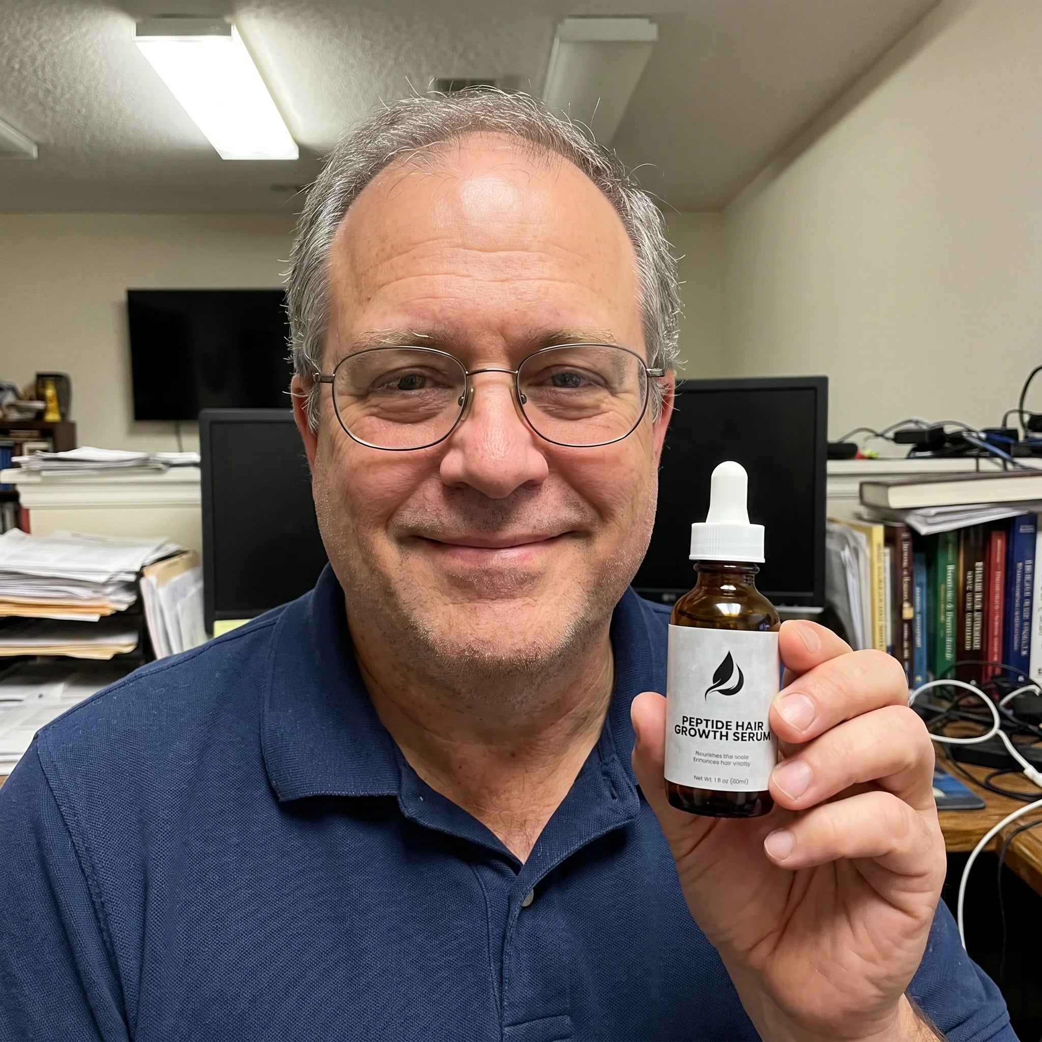 Man holding peptide hair growth serum bottle, smiling in office setting