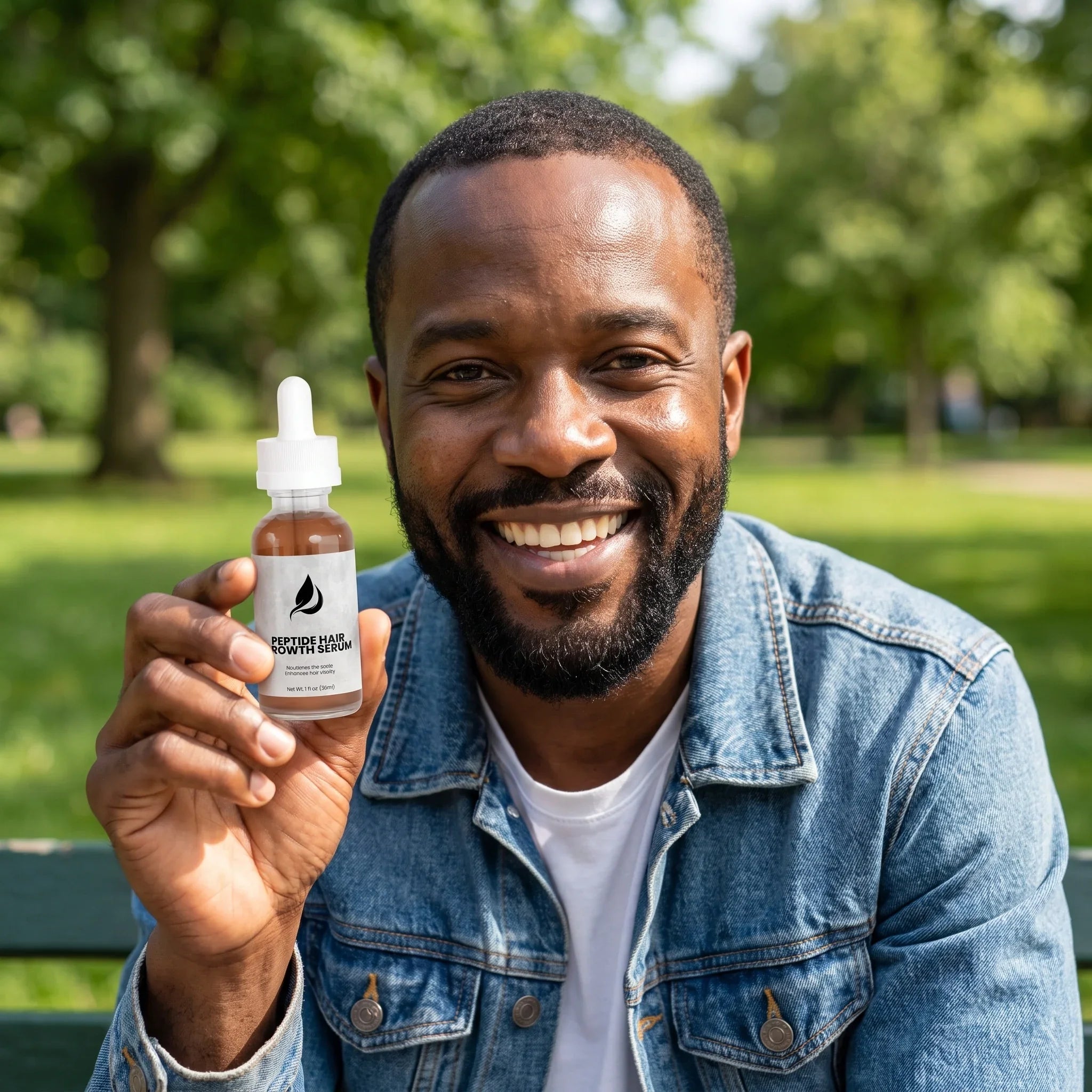 Man holding peptide hair growth serum outdoors, smiling with healthy hair and beard